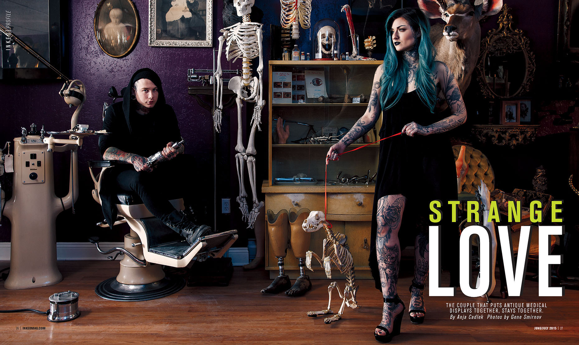 Inked Magazine feature about Strange & Unusual oddities store with their owners, famous tattoo artist Ryan Ashley Malarkey and band member of Motionless in White, Josh Balz