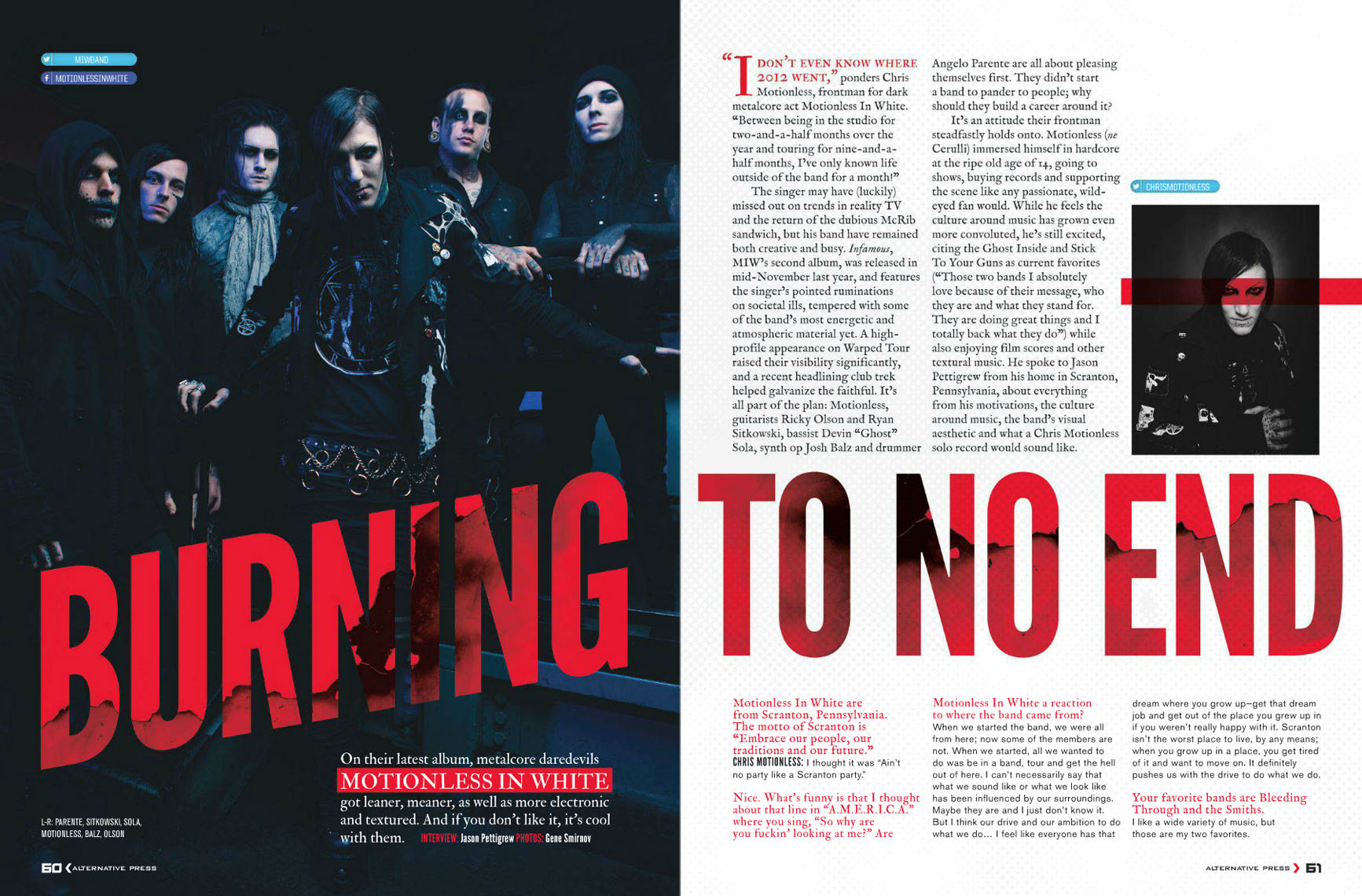 Motionless in White for Alternative Press featuring Chris "Motionless" Cerulli, Ryan Sitkowski, Ricky "Horror" Olson, Vinny Mauro, and Justin Morrow